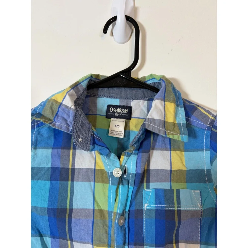 OshKosh Bgosh Boys Blue Green Plaid Short Sleeve Button Down Shirt Size 4/5